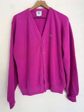 IZOD Lacoste Vintage Cardigan Crocodile Logo Grandpa Sweater 80s magenta